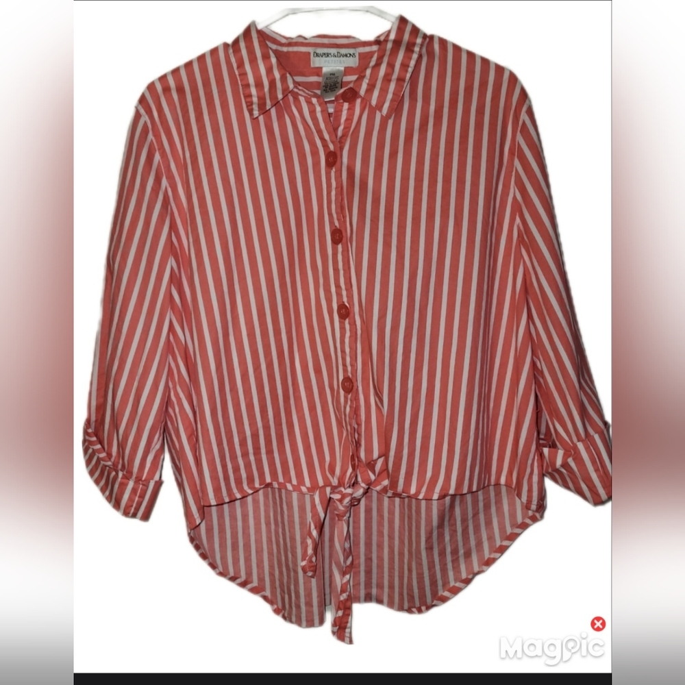 Drapers & Damons Tie Front Petite XL Coral & White Stripe 3/4 Sleeve Blouse